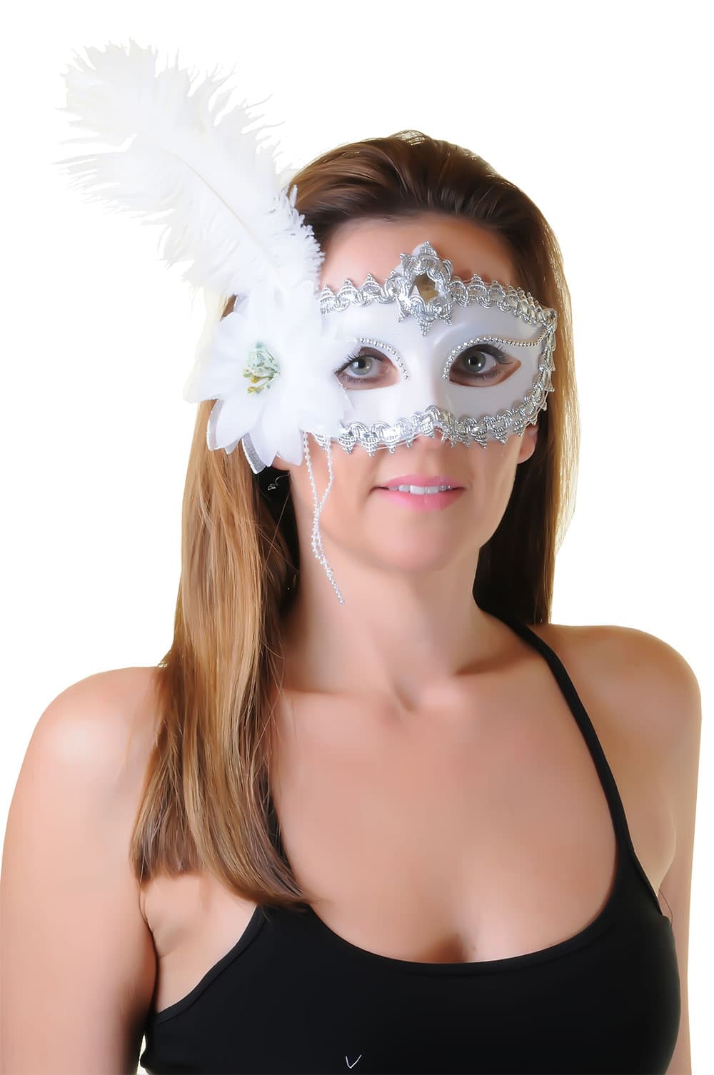 White Face Mask with Feather and Ribbon