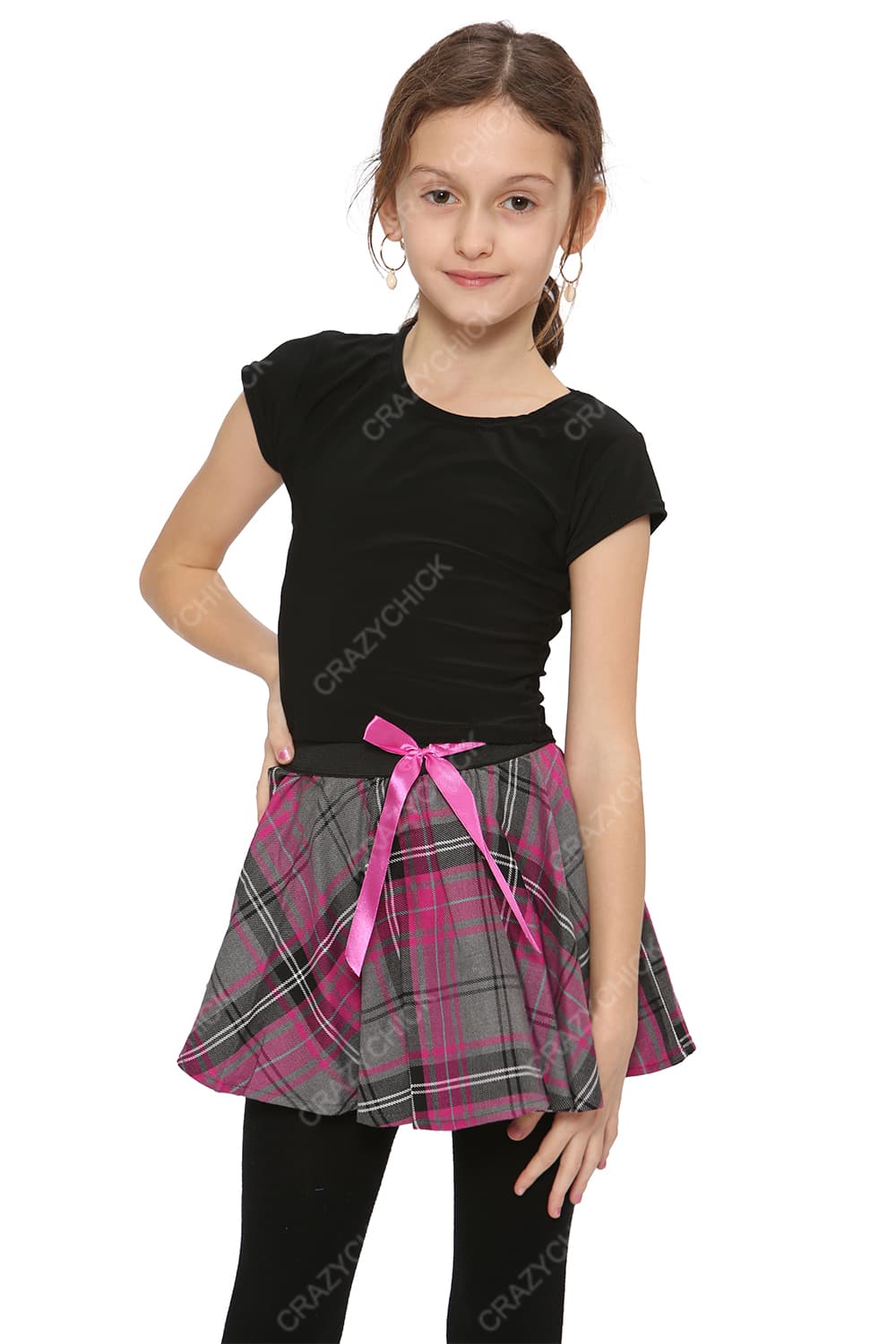 Crazy Chick Girls Bow Tartan Skirt Pink