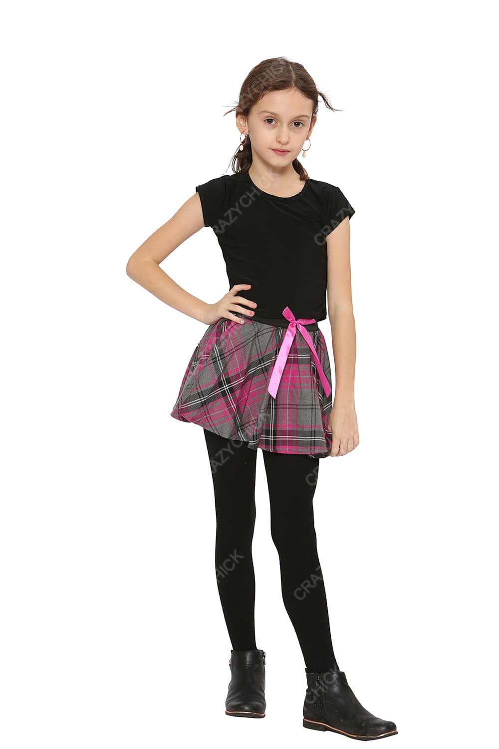 Crazy Chick Girls Bow Tartan Skirt Pink