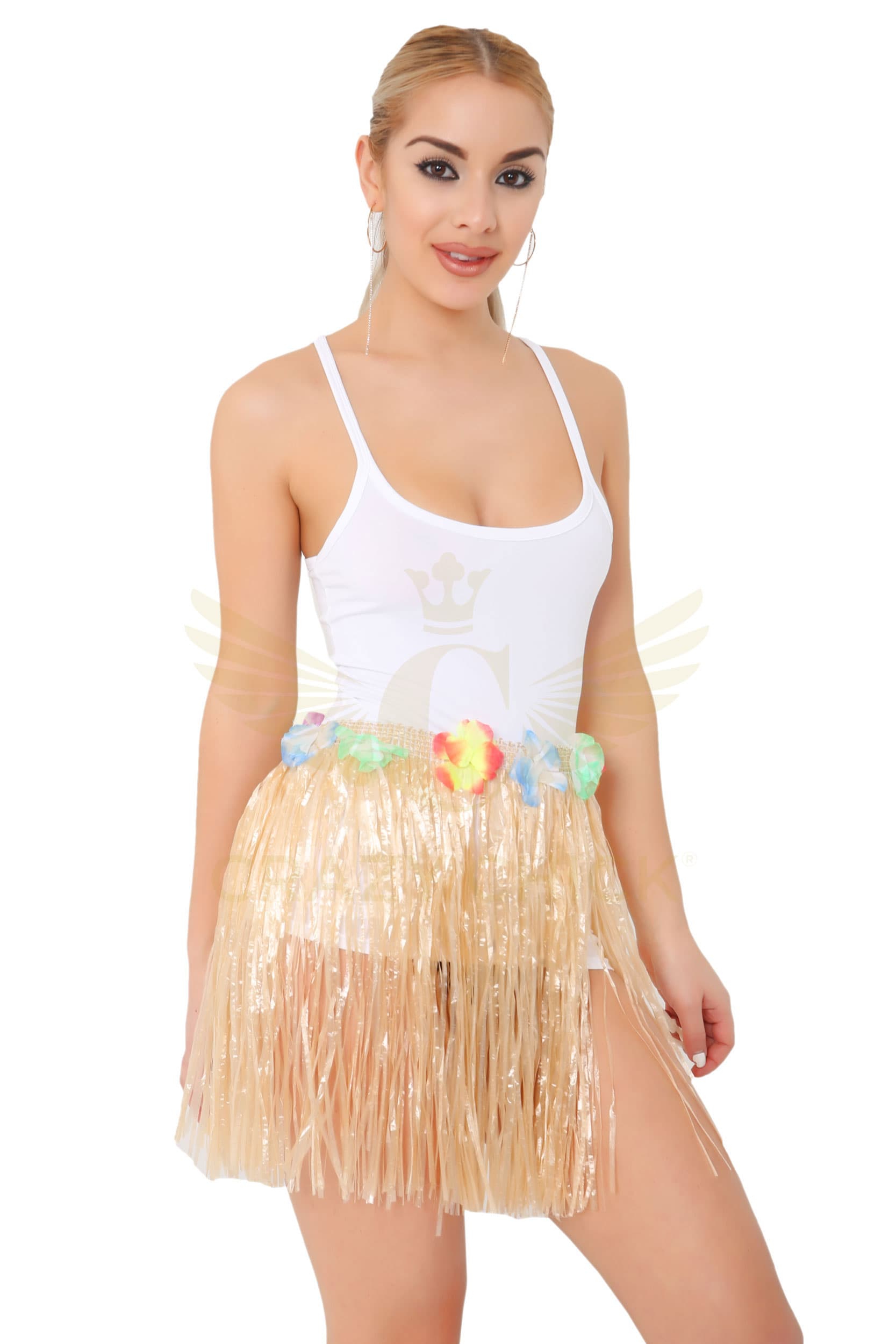Crazy Chick Adult Natural Hula Skirt with Flowers (40cm)