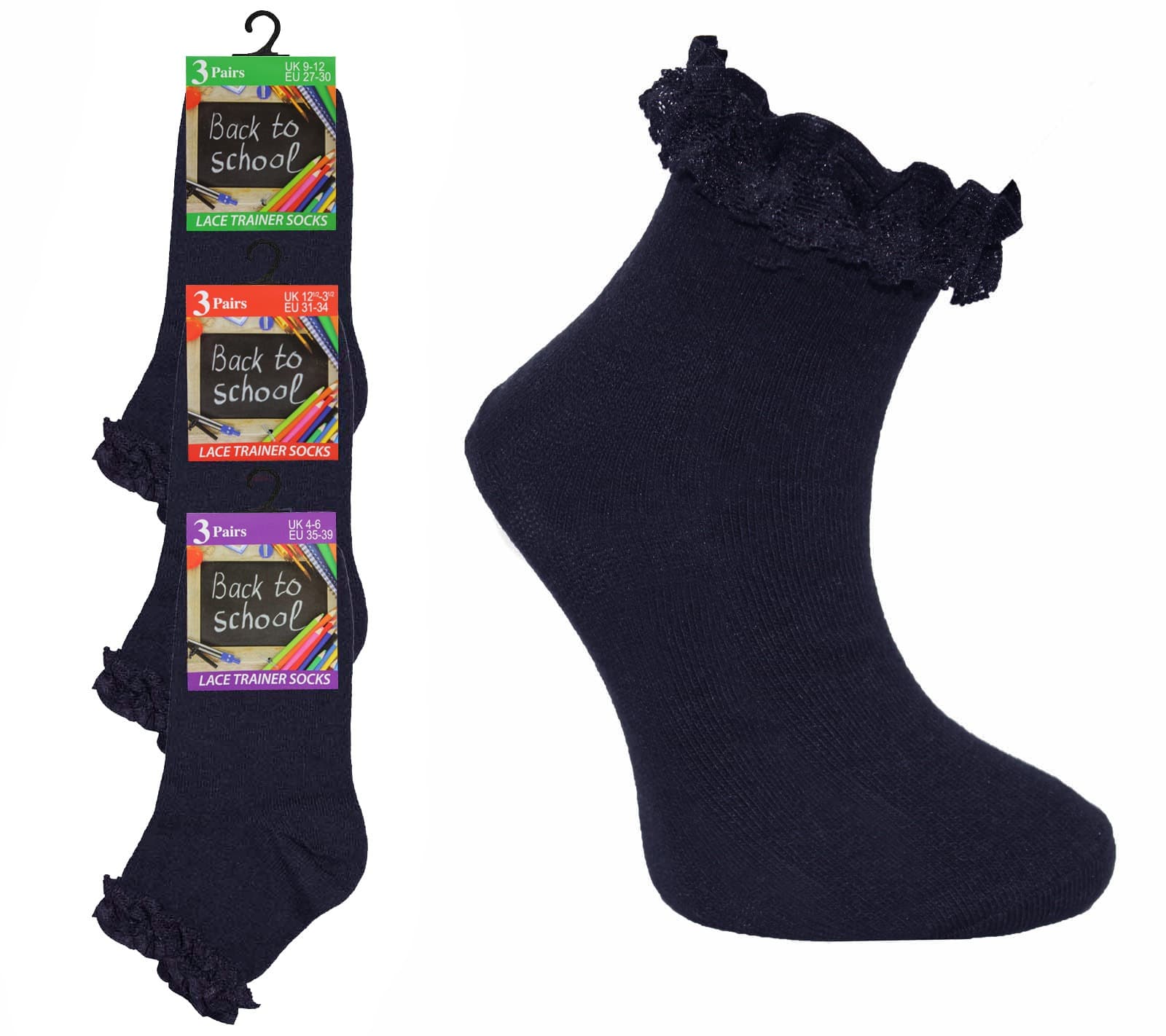 Crazy Chick Girls Navy Ankle Frill Socks (Pack of 3)