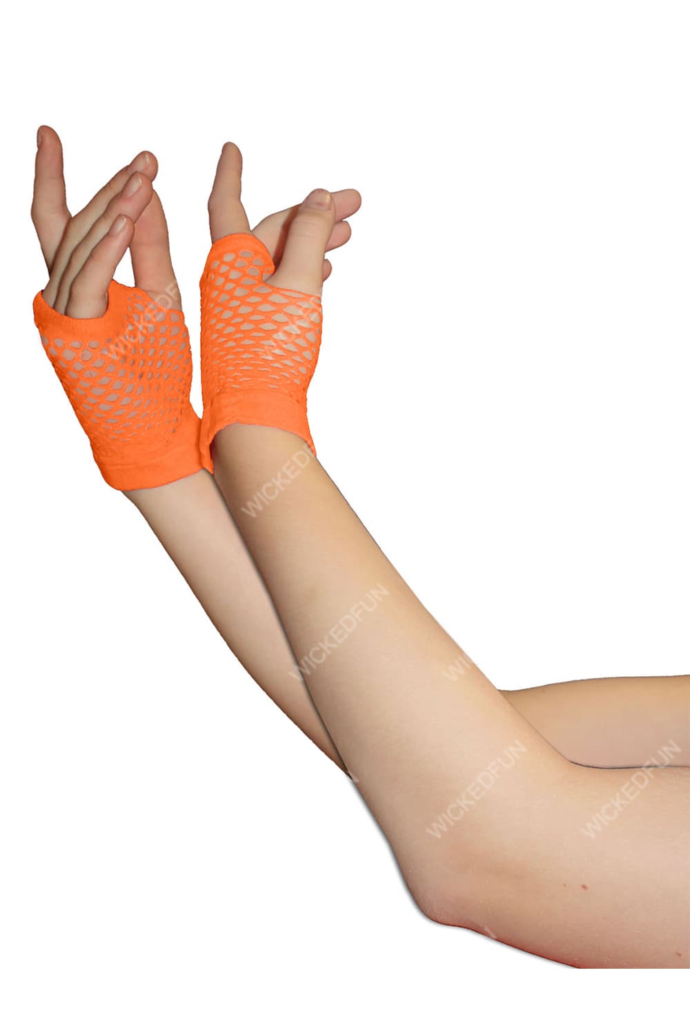 Wickedfun Orange Fingerless Short Fishnet Gloves