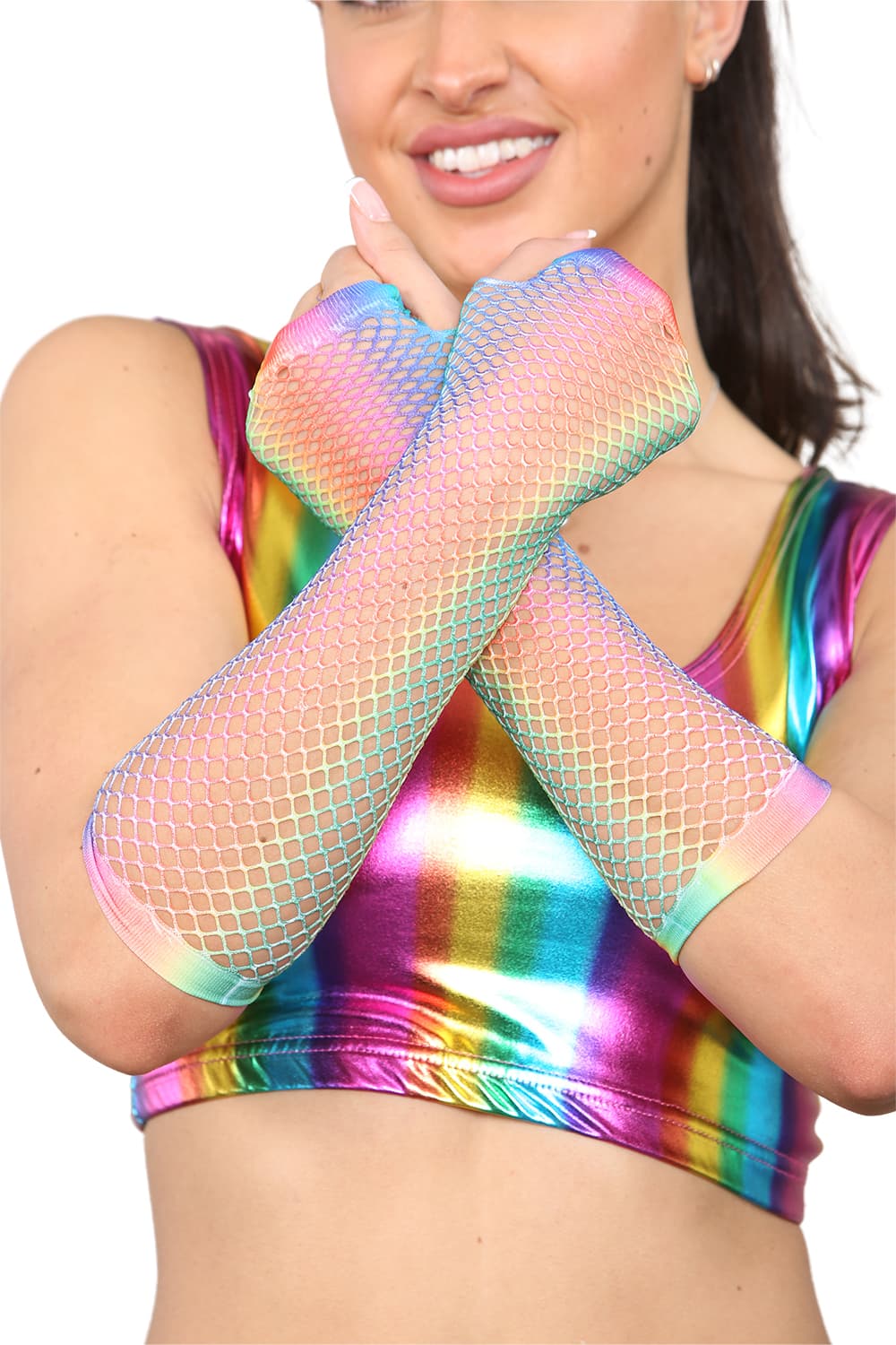 Wickedfun Rainbow Long Fishnet  Gloves