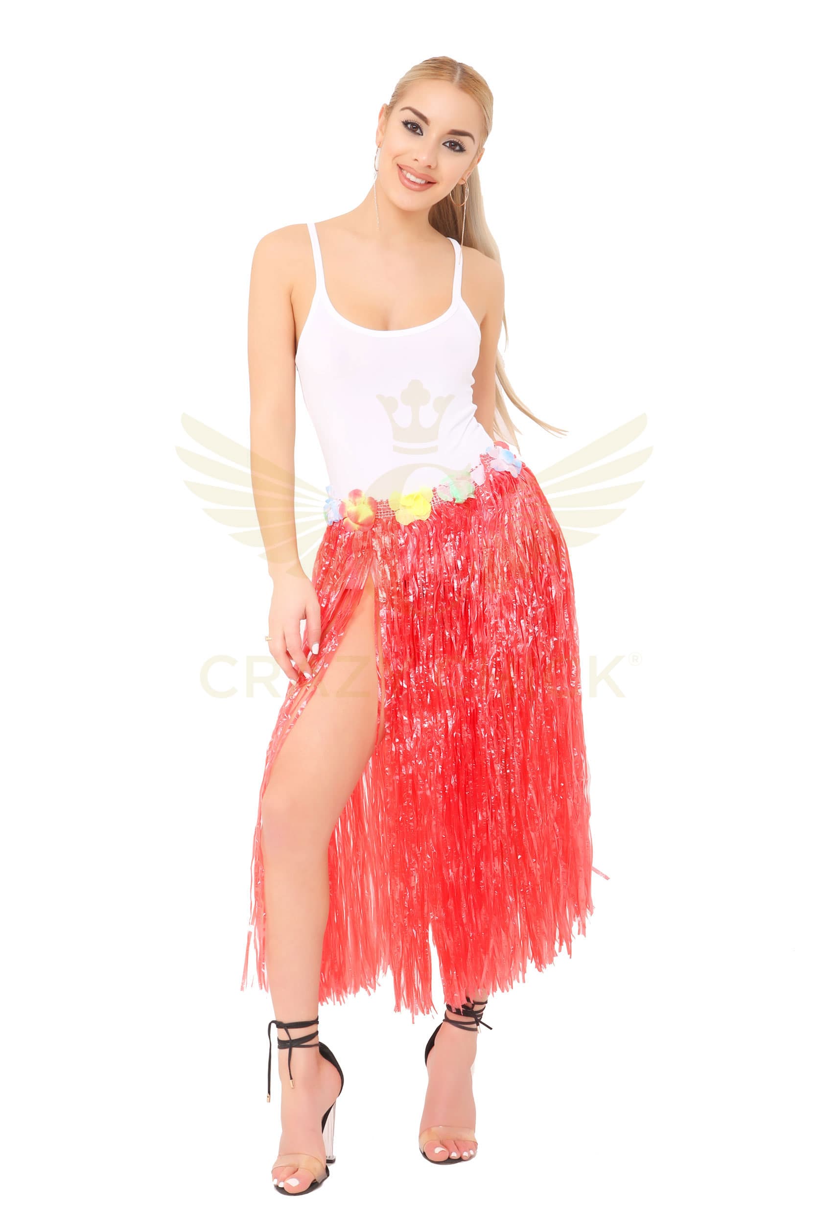Crazy Chick Adult Red Hula Skirt with Flowers (80cm)