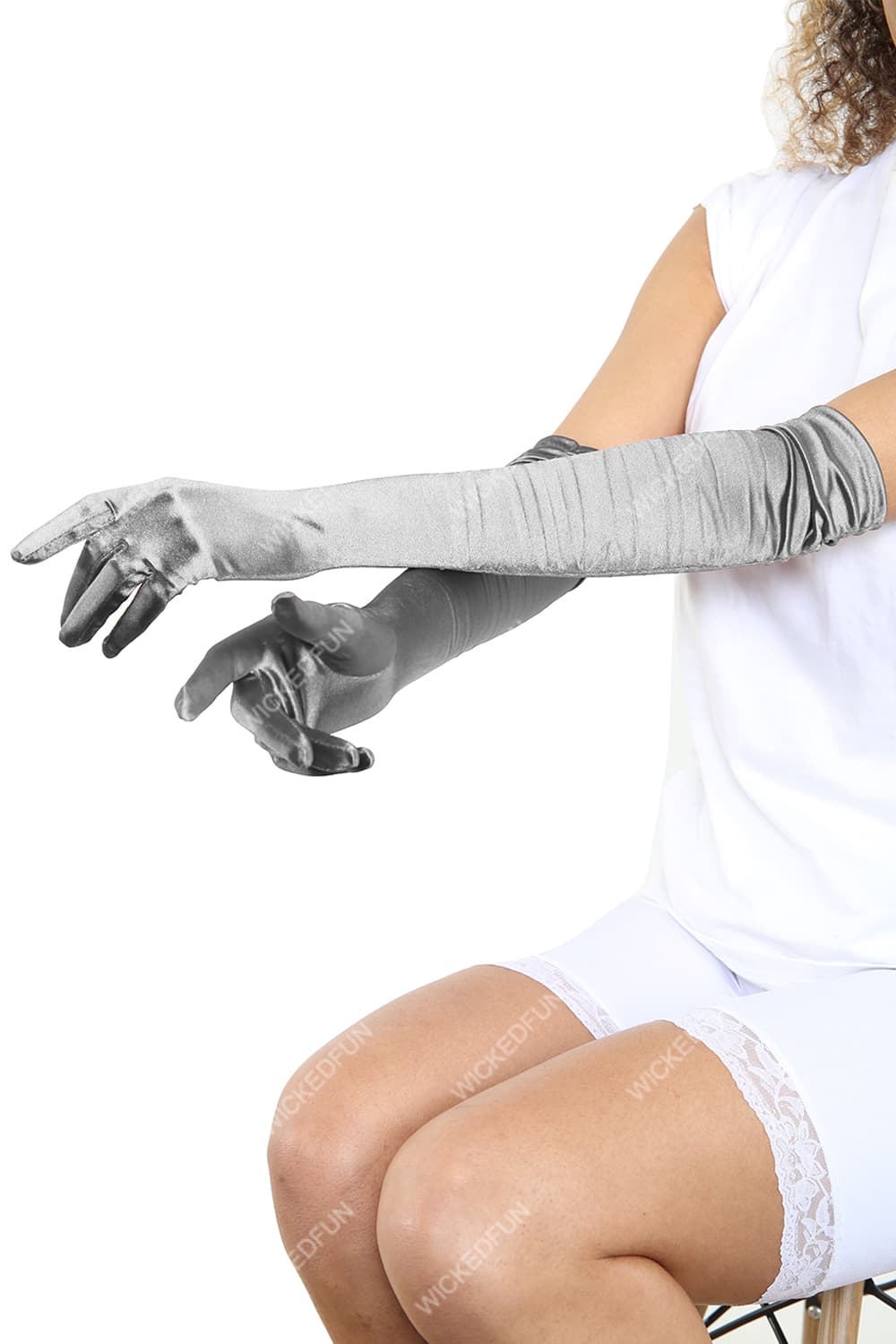 Wickedfun Satin Ruched Top Long Gloves Sliver