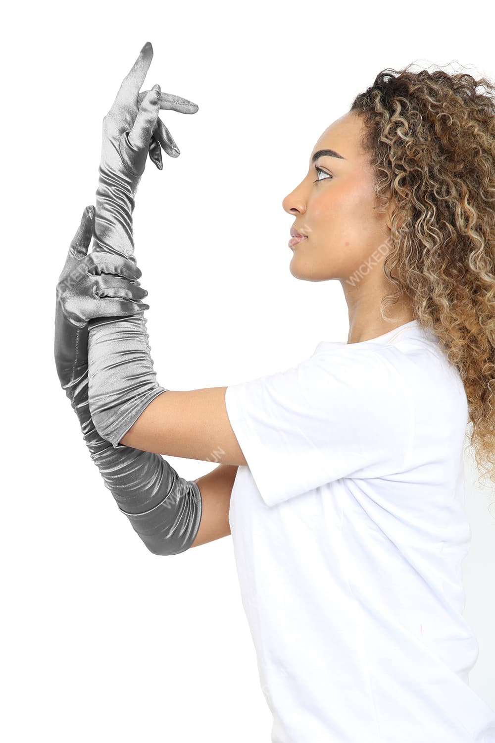 Wickedfun Satin Ruched Top Long Gloves Sliver