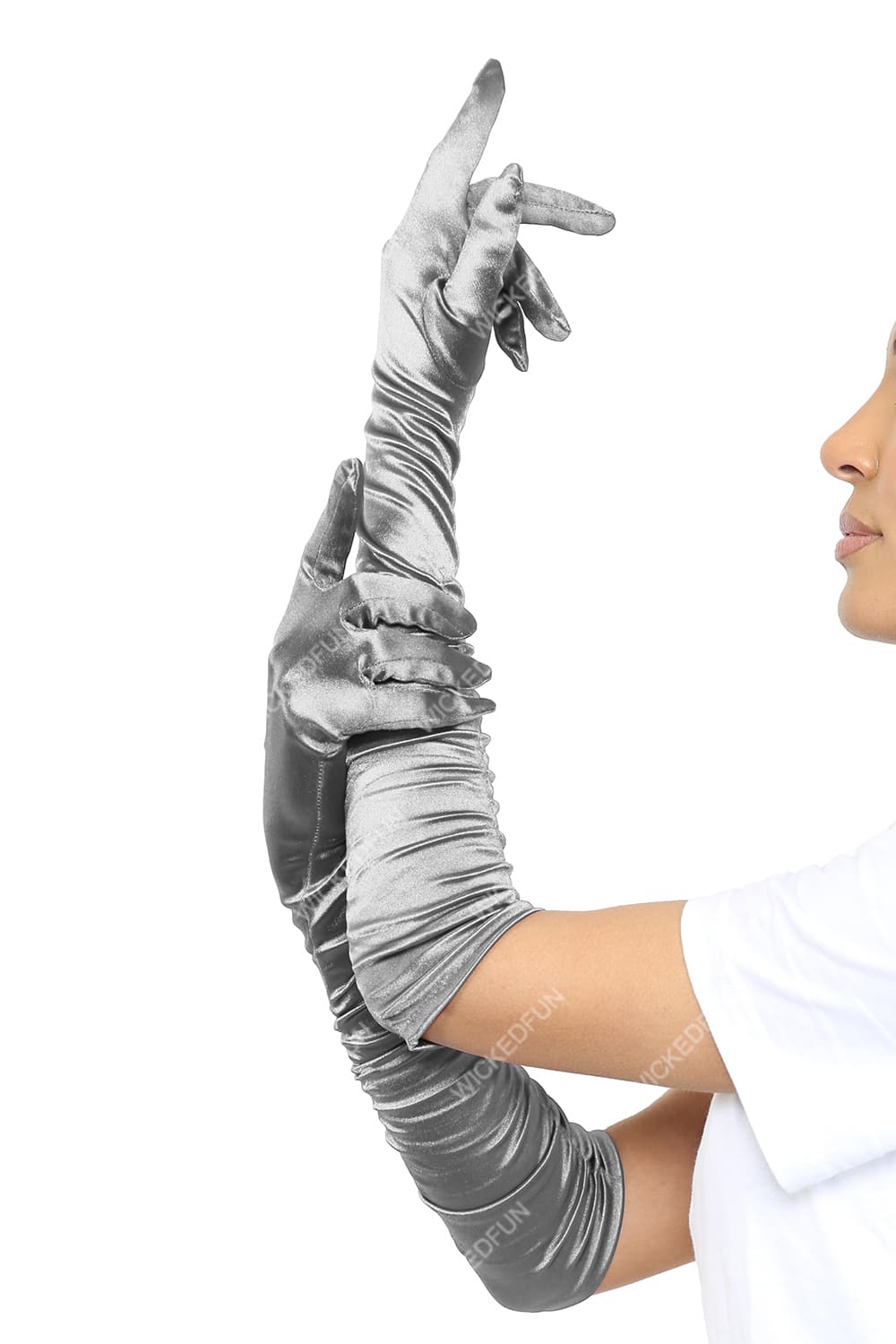 Wickedfun Satin Ruched Top Long Gloves Sliver