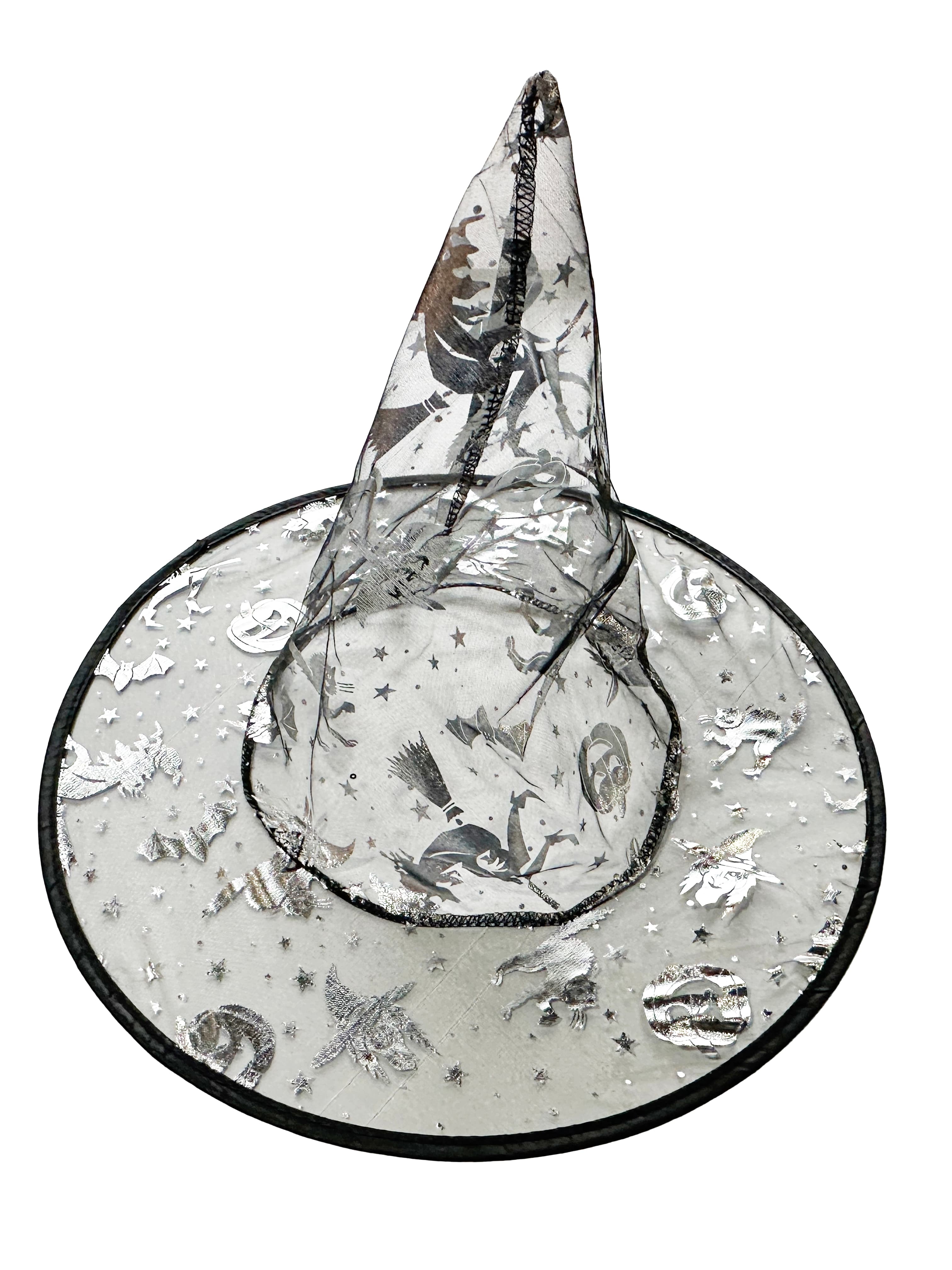 Wickedfun Black Witch Hat with Silver Halloween Prints